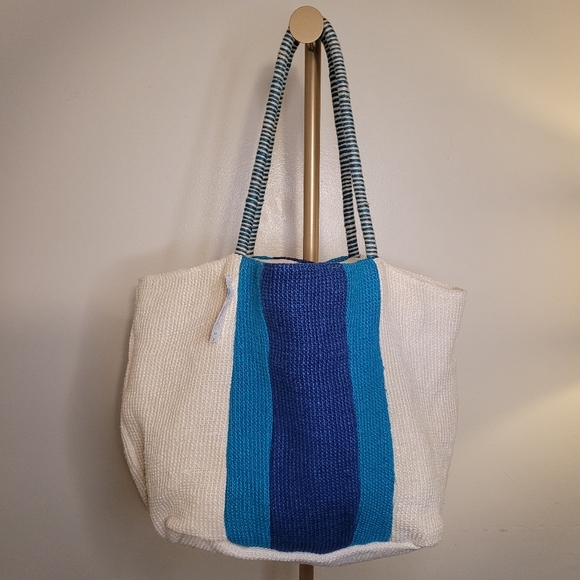 MixIt Multicolor Jute & Cotton Large Tote Bag Blue and Cream Tote Bag - Picture 6 of 15